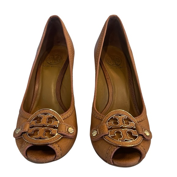 Tory Burch Selma Peep Toe Wedge in Brown Tan Tumbled Leather Women's Size 7.5 - Picture 3 of 14